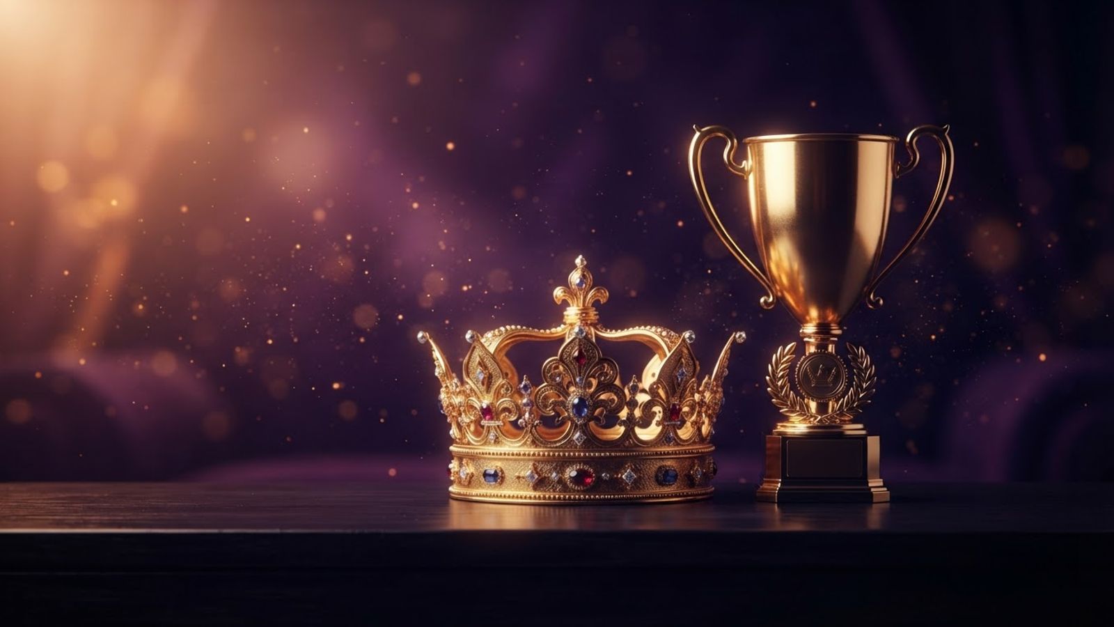 Couronne dorée et trophée sur fond violet sombre évoquant un statut VIP